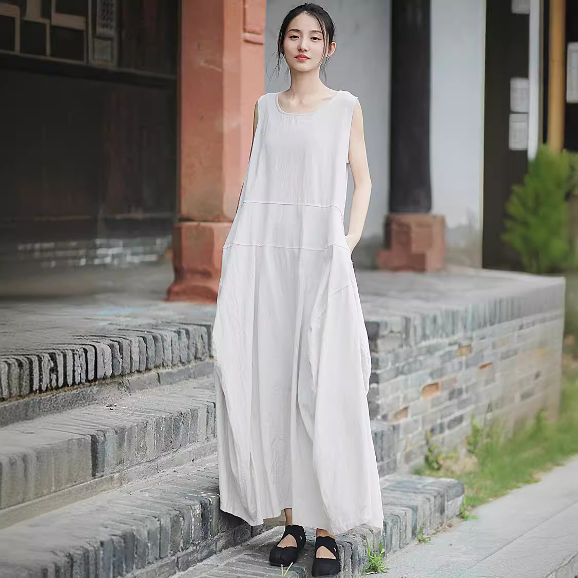 New Literary Retro Cotton and Linen Bud Vest Dress Cool Extended Version Splicing Dress