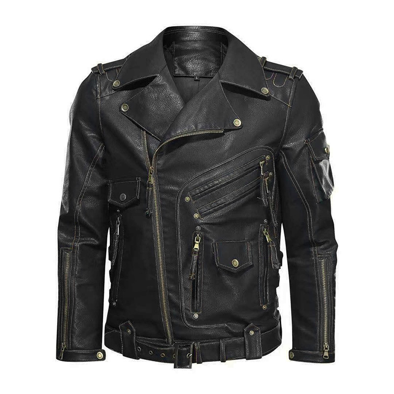 Men's Clothing PU leather jacket multi pocket zipper leather jacket men's autumn and winter punk jacket_voghion.com
