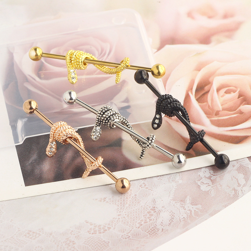 14G Snake Industrial Barbell Earrings Star Rose Gold with CZ Double Ear Hole Bridge Earring Piercing Jewelry 38mm detail image 9