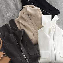 打造多元年轻CHIC 潮酷双开拉链羊毛坑条修身显瘦翻领针织开衫