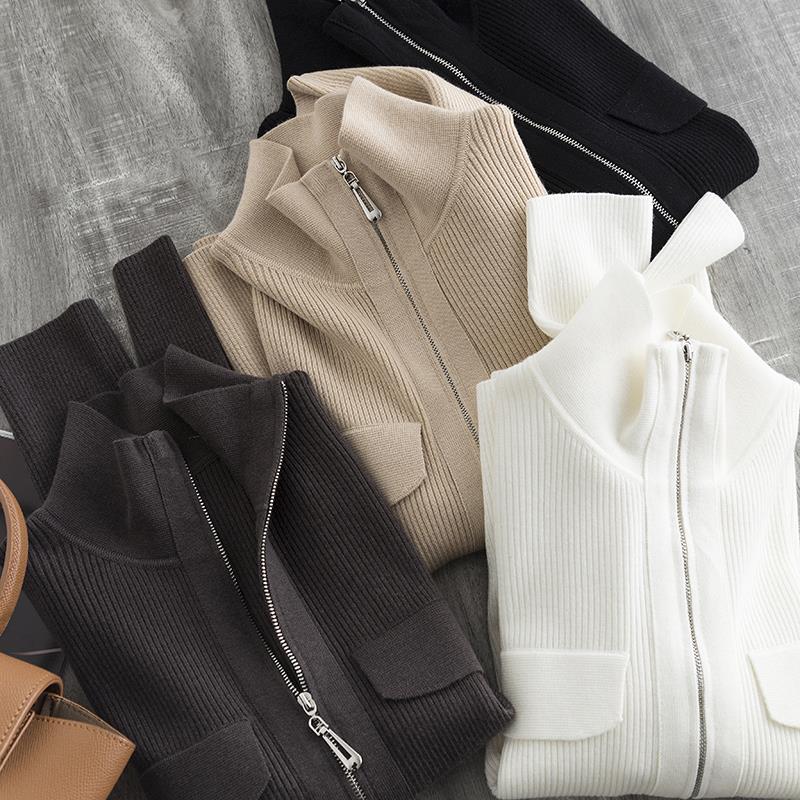 打造多元年轻CHIC 潮酷双开拉链羊毛坑条修身显瘦翻领针织开衫