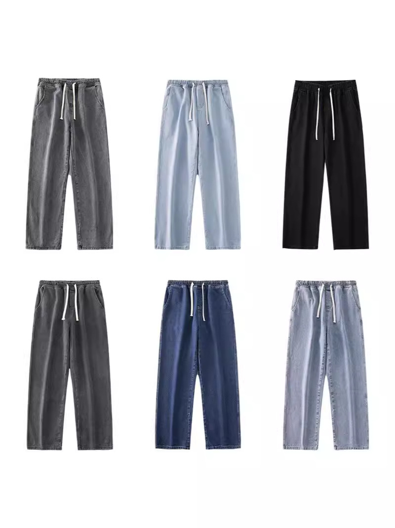 LKTM para hombre # Verano delgado estilo americano retro marca de moda jeans rectos pantalones anchos casuales con cordón para hombre