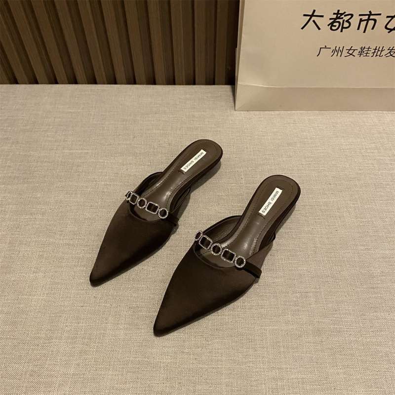 elingstudio 紫いサテンのポインテッドトゥミュールシューズ女性用 2025 春夏ローヒールラインストーンハーフスリッパ|undefined