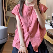日系复古粉色娃娃衫衬衫女夏季多巴胺穿搭设计感宽松无袖背心上衣