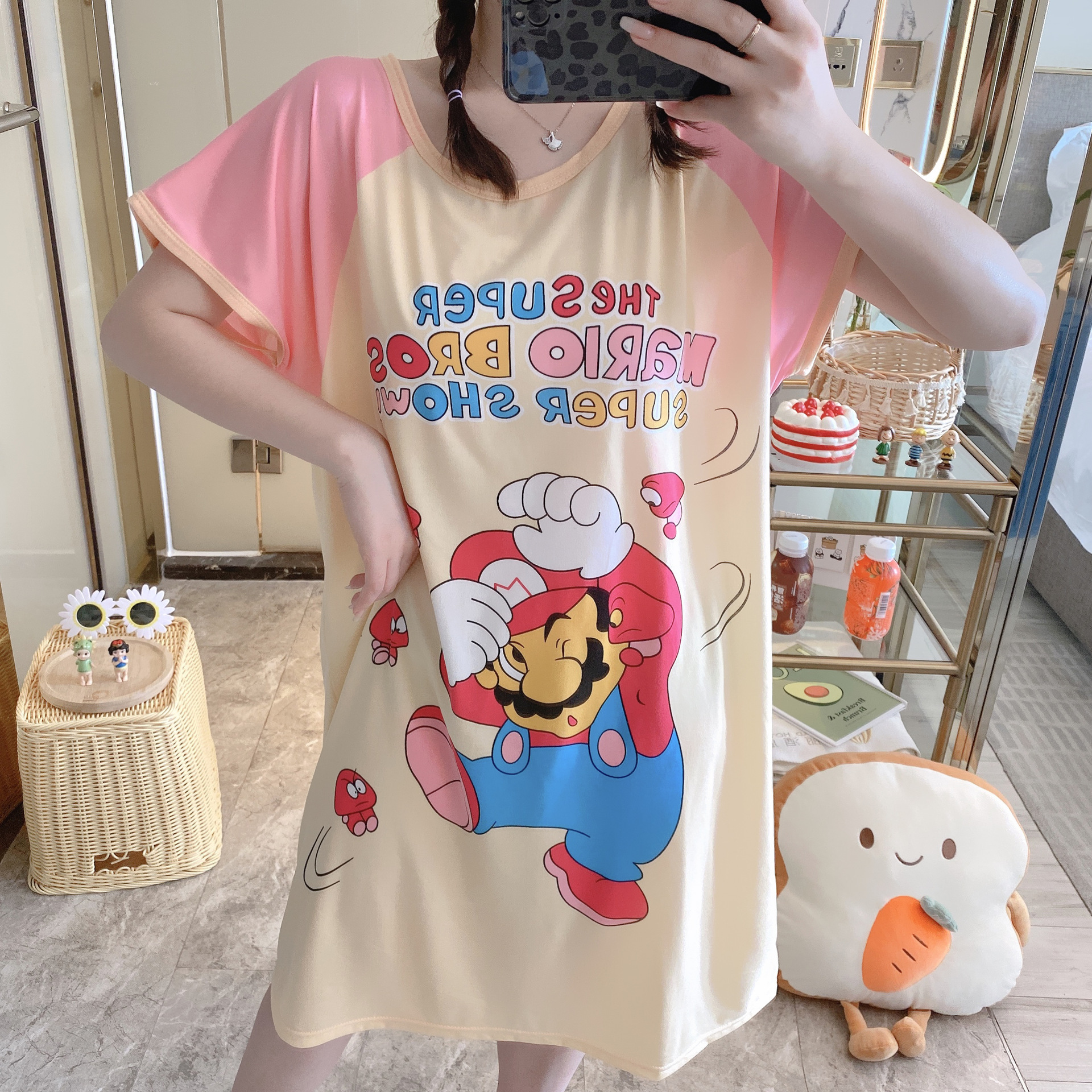 Sudeste asiático barato camisón flojo de las mujeres más tamaño Delgado verano dibujos animados manga corta pijamas inicio desgaste camisón puesto