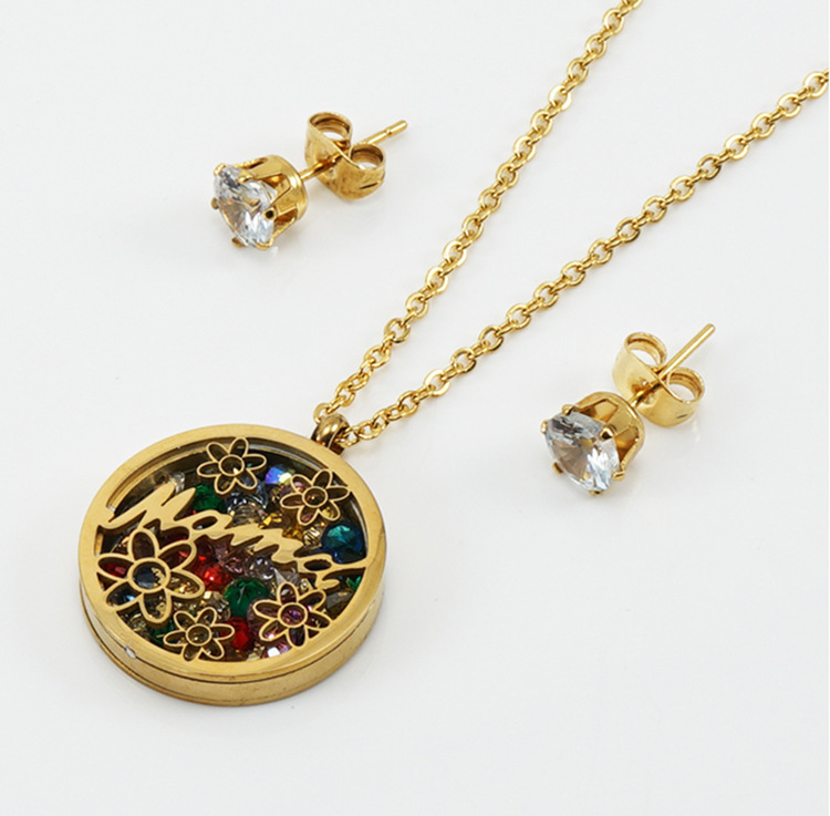 Fashion Letter Flower Titanium Steel Plating Artificial Gemstones Earrings Necklace 1 Set