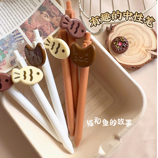 Cat head cute gel pen fish brown simulation pen container salty carved fish ballpoint pen idle fish funny creative gifts