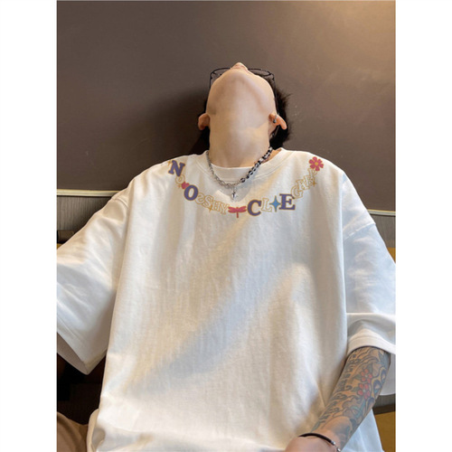 Letter Print Necklace Short Sleeve Men's Summer Streetwear Cool Bad Boy Style Street Ruling White T-Shirt Heavyweight Stiff American Half Sleeve