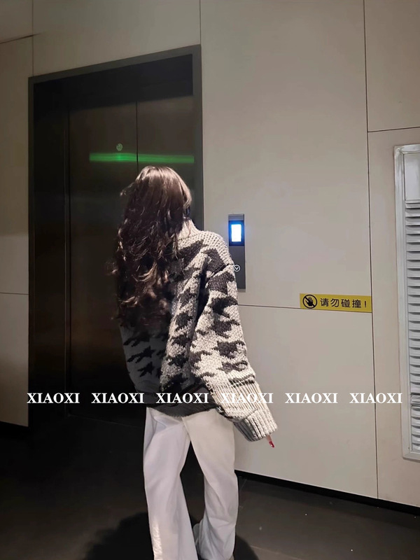 2025秋季新款韩国设计师open*yy千鸟格提花毛衣开衫针织外套女|undefined