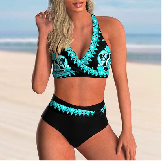 Cross-border split swimsuit retro printed high waist European and American foreign trade swimsuit Amazon wholesale AliExpress spot backless