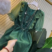 法式名媛风夏季新款精致气质中长裙绿色泡泡袖收腰连衣裙子女装