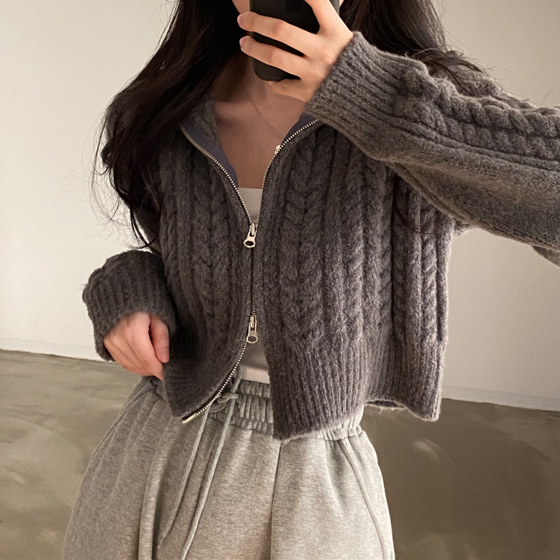 Otoño e invierno nuevo corto de manga larga chic vintage patrón de cáñamo de doble cabeza cremallera solapa de punto cardigan suéter abrigo para mujeres