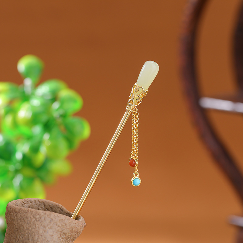Kẹp tóc bạc S925 mạ vàng đính ngọc nam đỏ, ngọc lam, hình Ruyi tua rua phong cách Trung Quốc — Một chiếc