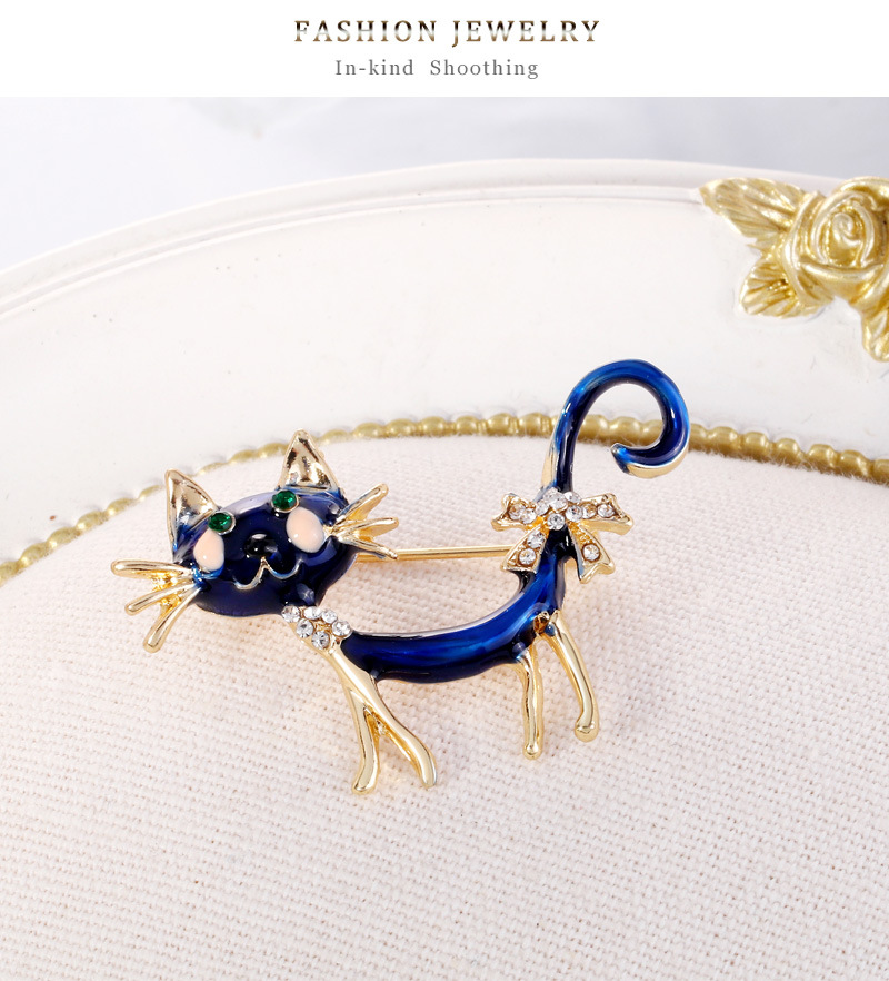 New Cat Personality Brooch Blue Dripping Rhinestones Cute Animal Brooch Wholesale display picture 6