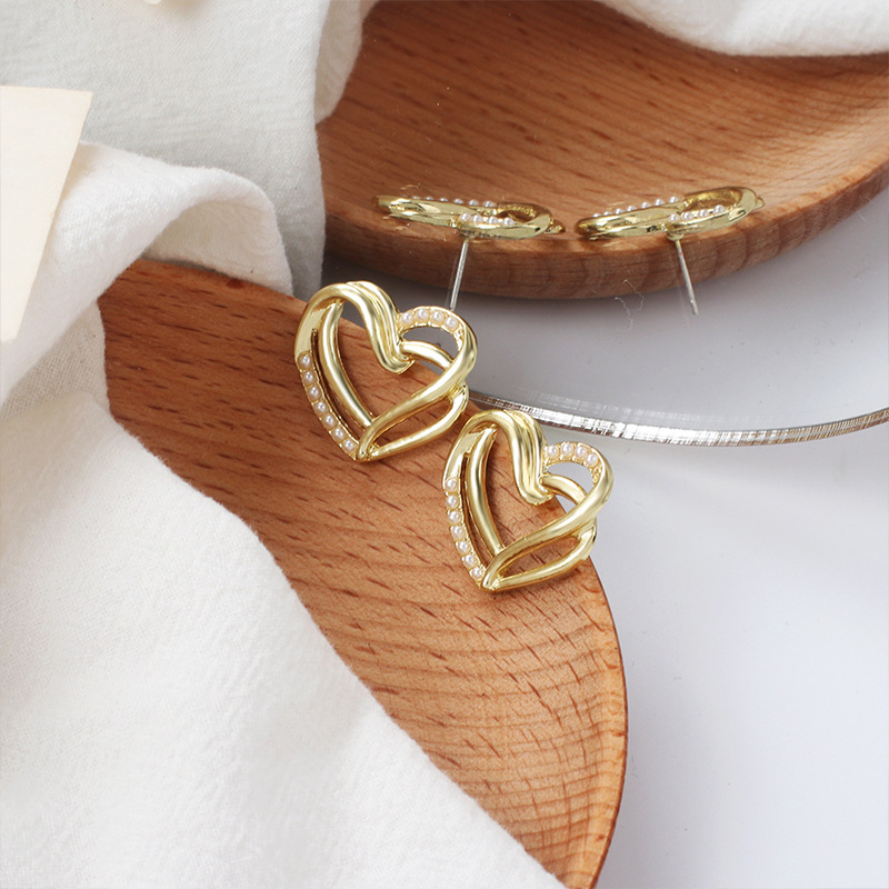 3g Weight Earrings Classification Wedding, Travel Occasion Women'S Gender Gold Color Fashion Geometric Heart Pearl Multi-layer Earrings 1