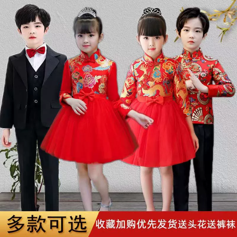 Детский праздничный костюм Платье-поздравление с Новым годом в китайском стиле для девочек, красный костюм Cheongsam Tang с открытой дверью, платье принцессы, платье для хора