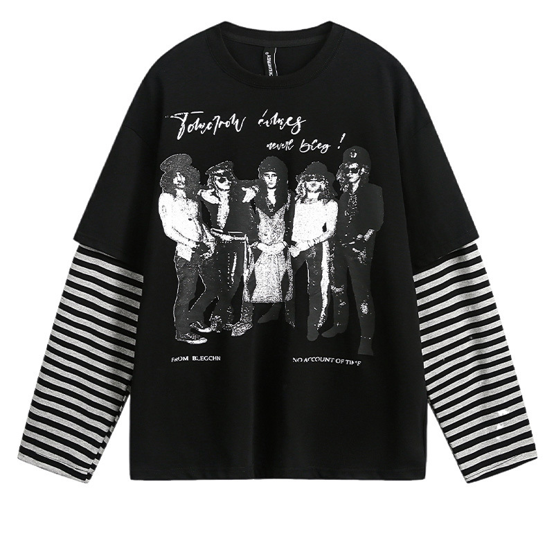 Dark Retro Trendy American Rock Band Fake Two-Piece Stripesd Splicing Long-Sleeved T-Shirt Men's Spring & Fall Loose Top