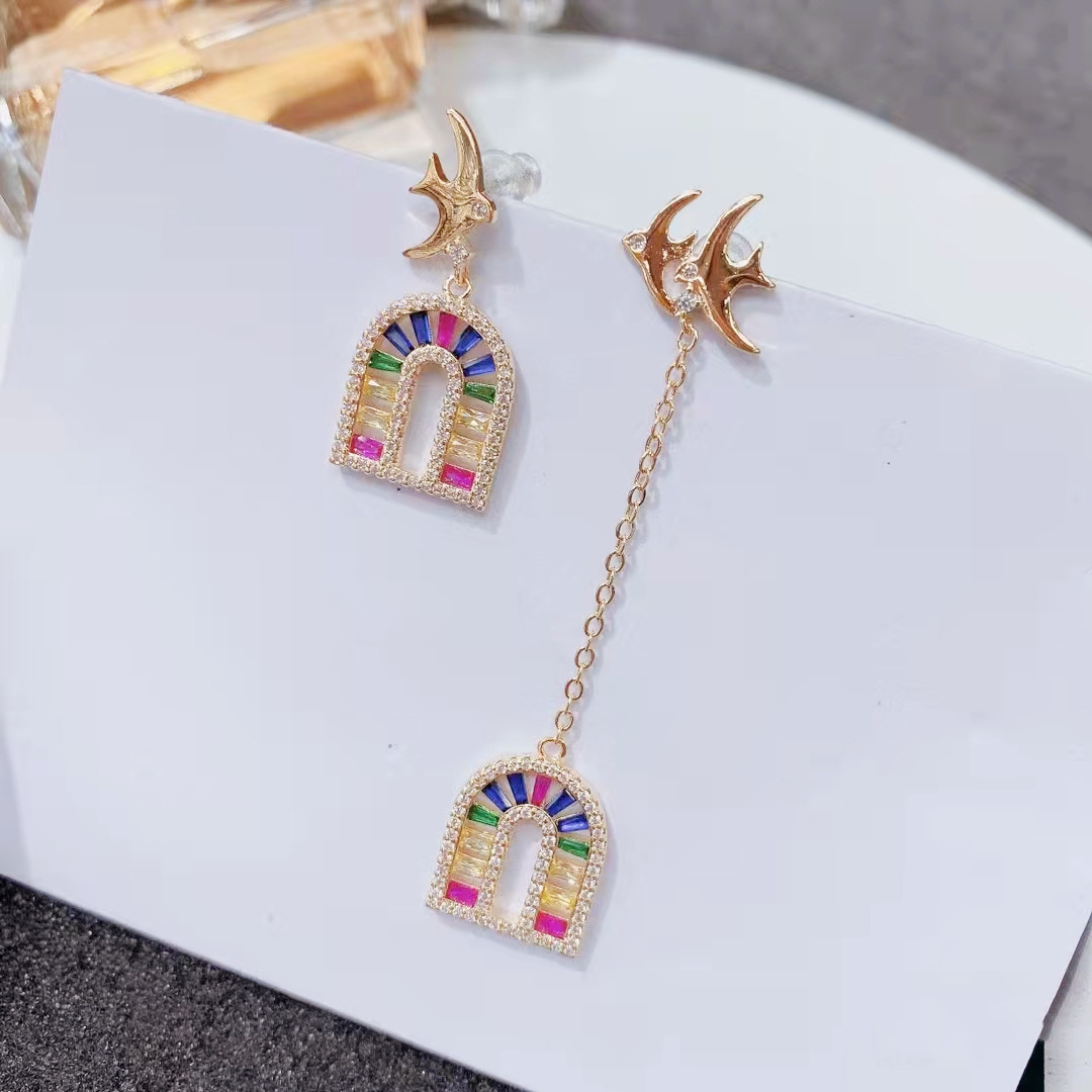 Brand small design asymmetrical earrings with zircon