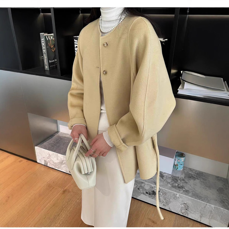 Wool Coat with Belt Cardigan Medium Length 90 Wool 10 Cashmere Double-Sided Cashmere Coat Distinctive Round Neck Tolen Coat
