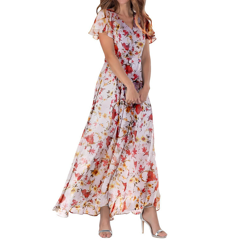 Foreign Trade 2025 Summer Amazon Long Dress V-Neck Short-Sleeve Printed Chiffon Dress Elegant and Stylish European and American Style Foreign Trade 2025 Summer Amazon Long Dress V-Neck Short-Sleeve Printed Chiffon Dress Elegant and Stylish European and American Style