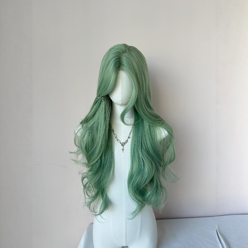 Green Wig for Women with Middle Parting, Long Curly Hair, Stylish Big Waves, Enhances Complexion, Cosplay Full Wig