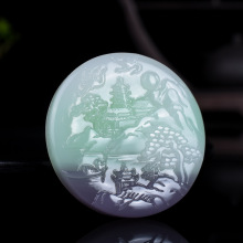 新疆和田羊脂玉青花籽料烟青翠绿色白玉山水牌子意境项链挂件吊坠