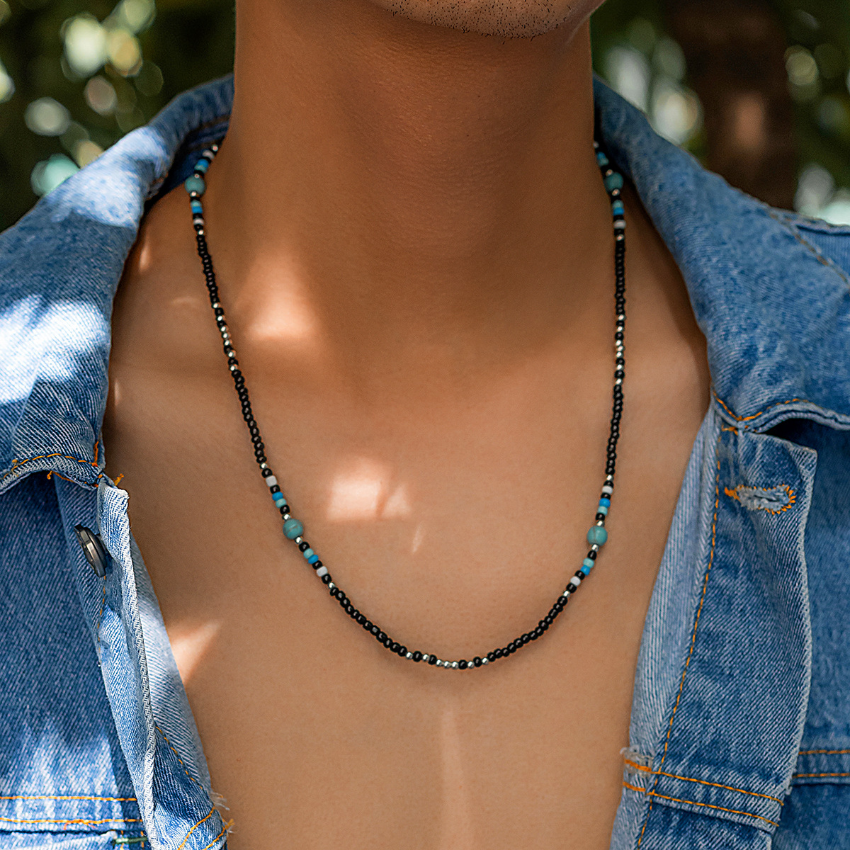 13g Weight Necklace Classification Turquoise, Seed Bead Chain Material Retro Style Fashion Simple Bead Turquoise Mixed Color Stitching Clavicle Chain Necklace Unisex Ornament
