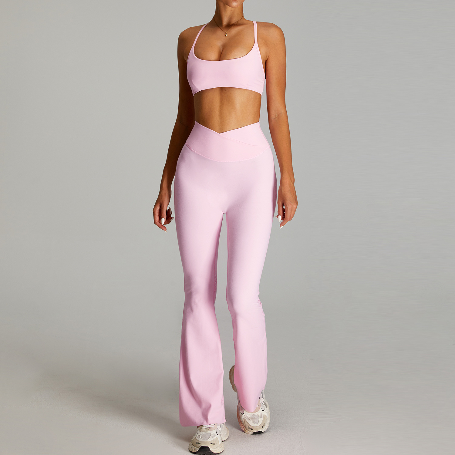 Traje de ropa de yoga desnuda de cintura alta cruzada transfronteriza, ropa de fitness ajustada de secado rápido para mujer, traje de carrera para deportes al aire libre