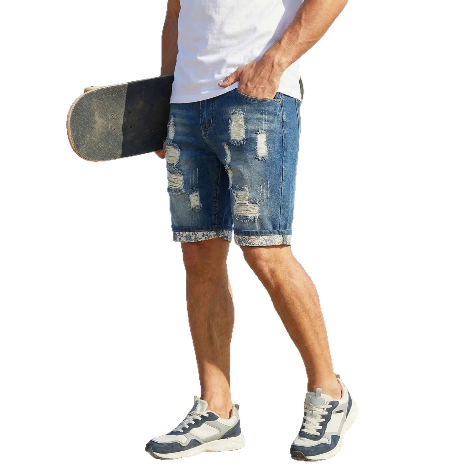 Men's Trendy Ripped Patched Denim Shorts Mid-Length Street Style Summer Riding Breeches Trade Hot Selling_mkmklike.com