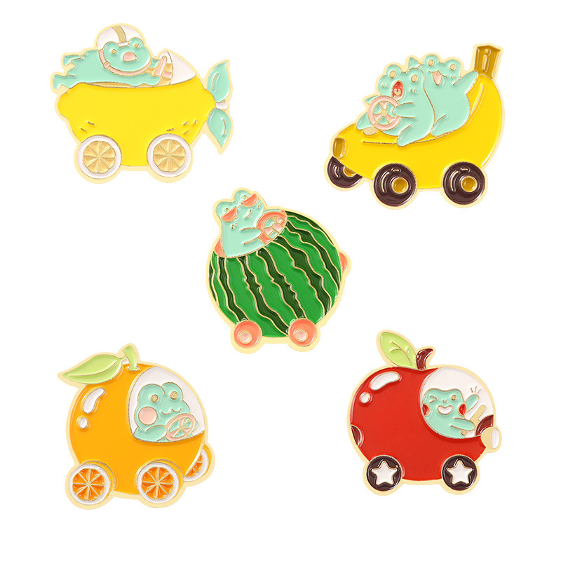 New Cute Animal Brooch Creative Cartoon Frog Watermelon Car Fruit Series Shape Paint Badge 12pcs Set display picture 2