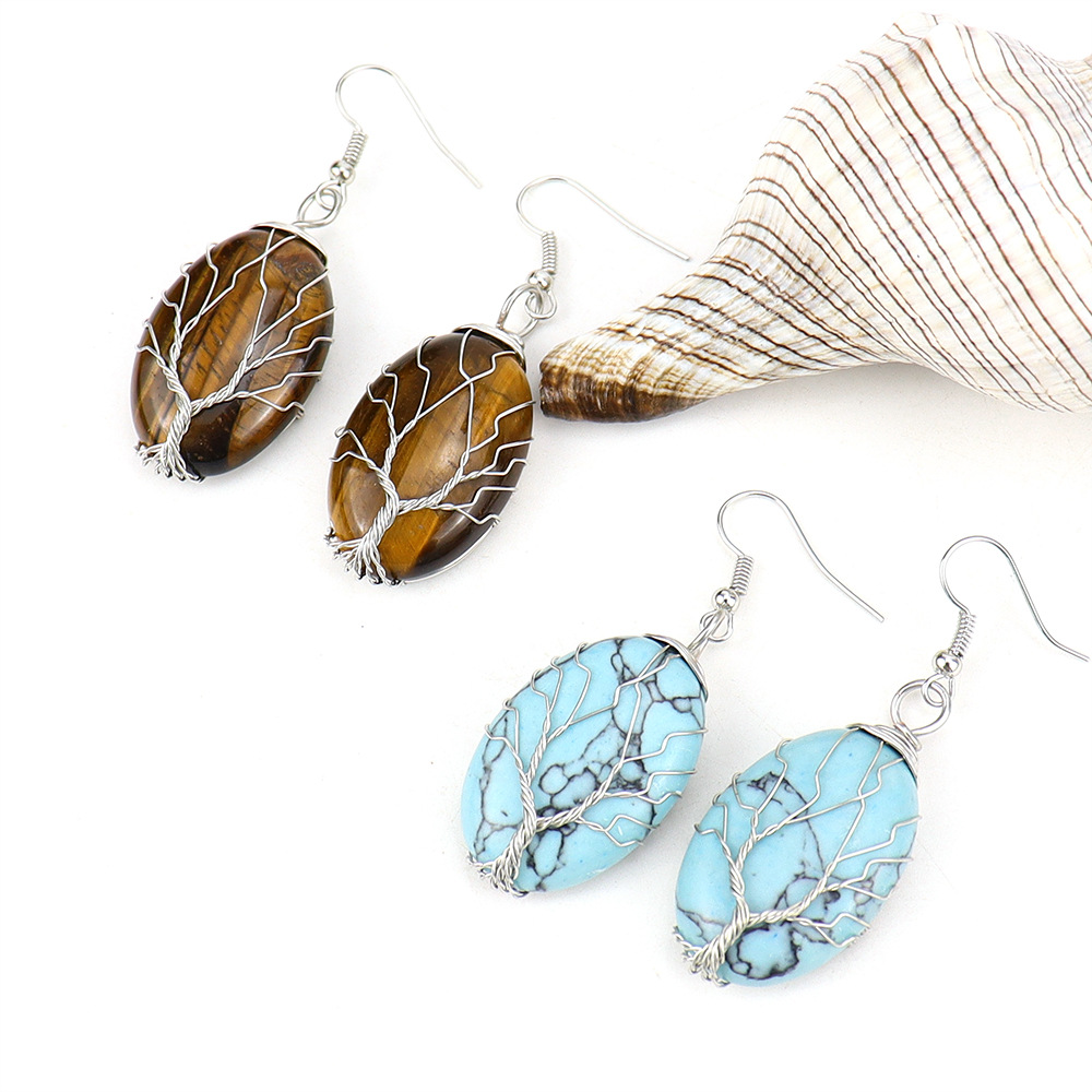 1 Pair Ethnic Style Tree Oval Alloy Natural Stone Handmade Drop Earrings display picture 2