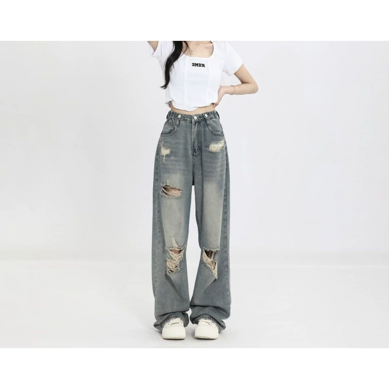 Женские рваные джинсы в американском стиле ретро, ​​с высокой талией, прямые, свободные, утягивающие, широкие брюки в пол.