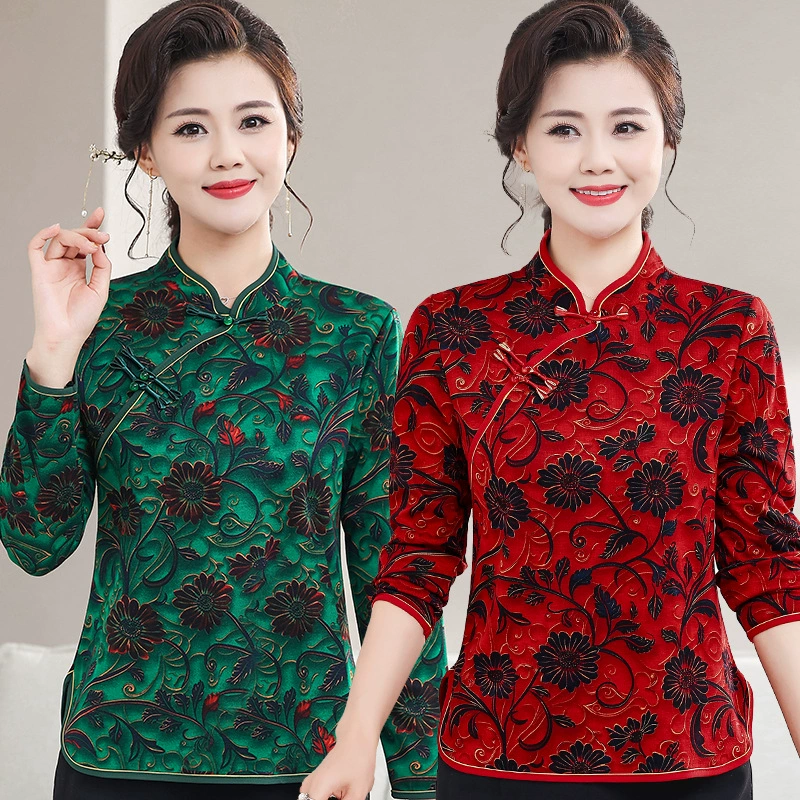 Мама Ретро с пуговицами улучшенный чонсам топы тонкие иностранные футболки среднего и пожилого возраста с длинными рукавами весенний и осенний темперамент рубашка