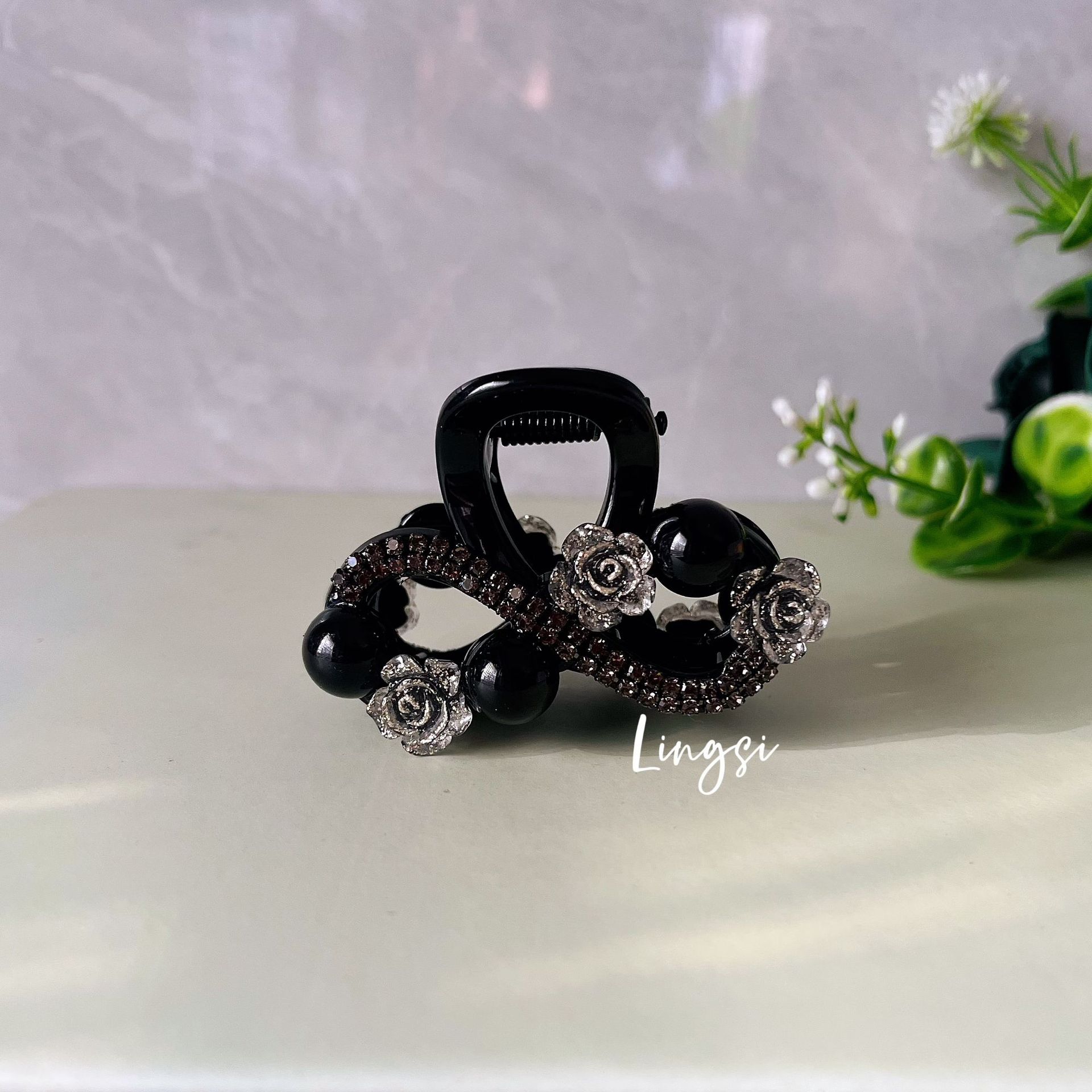 L1019 글리터 로즈 블랙 (클립 길이 6cm)