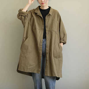 Trench coat for women autumn and winter New plus size women's mid-length artistic loose single-breasted casual long-sleeved top for women