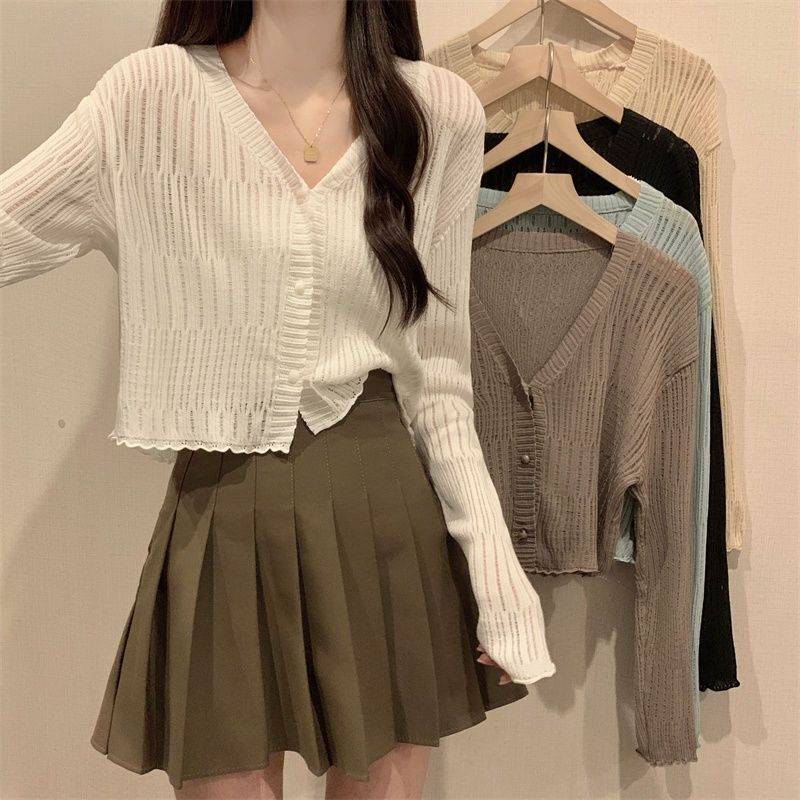 2025 Ice Silk Knitted Cardigan Women's Summer Thin Outerwear with Suspender Skirt Shawl Cover-Up Small Waistoutwear Top Tops