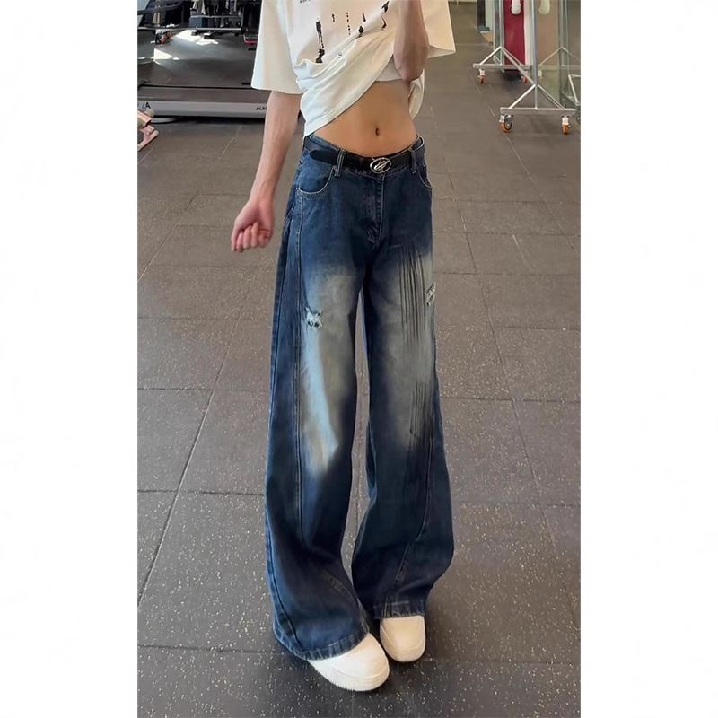 American Retro Blue Workwear Jeans Men's Summer Bootcut Pants Loose Bf Lazy Style Wide-Leg Scimitar Pants