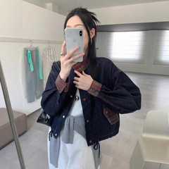 撞色格子牛仔外套女春秋新款小个子休闲宽松显瘦百搭短款夹克上衣