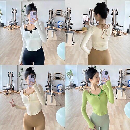 Yoga clothes for women, spring and autumn sports tops, fake two-piece running long-sleeved professional Pilates training fitness clothes with chest pads