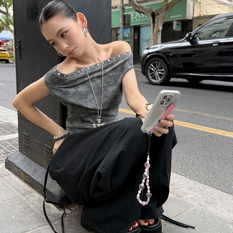 Mmfish Fashionable Street Casual Rivet Smudged One-Shoulder Shirt Retro Distressed Short-Sleeved T-Shirt 25t307