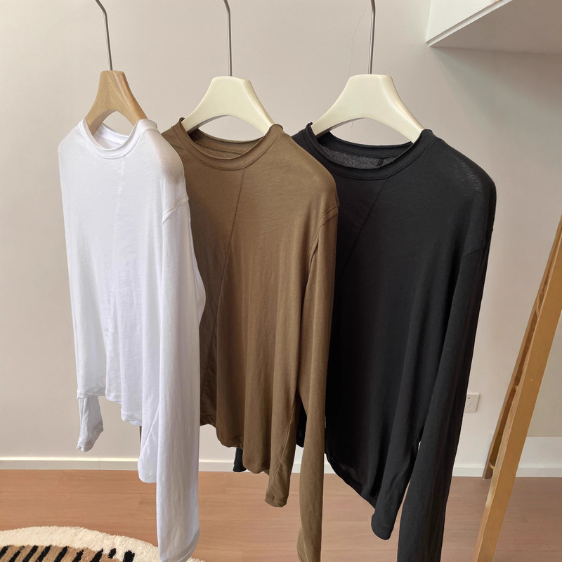 High-Count Fine Cotton Fashionable and Versatile Must-Have Fitted Version with Diagonal Stitching and Rolled Edges Thin Pure Cotton Long-Sleeved T-Shirt for Women