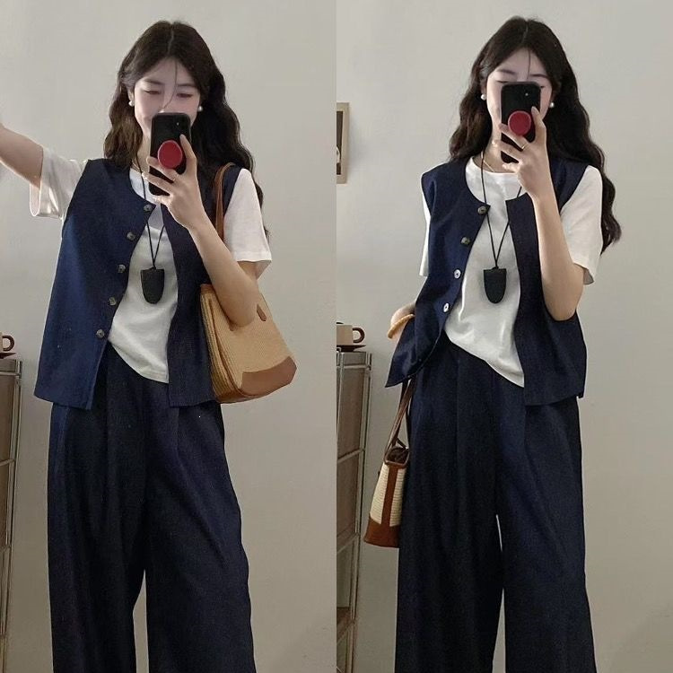 Plus-Size Fashion Three-Piece Set for Summer: New Versatile Short-Sleeve Top, Denim Vest, and Casual Wide-Leg Pants Plus-Size Fashion Three-Piece Set for Summer: New Versatile Short-Sleeve Top, Denim Vest, and Casual Wide-Leg Pants