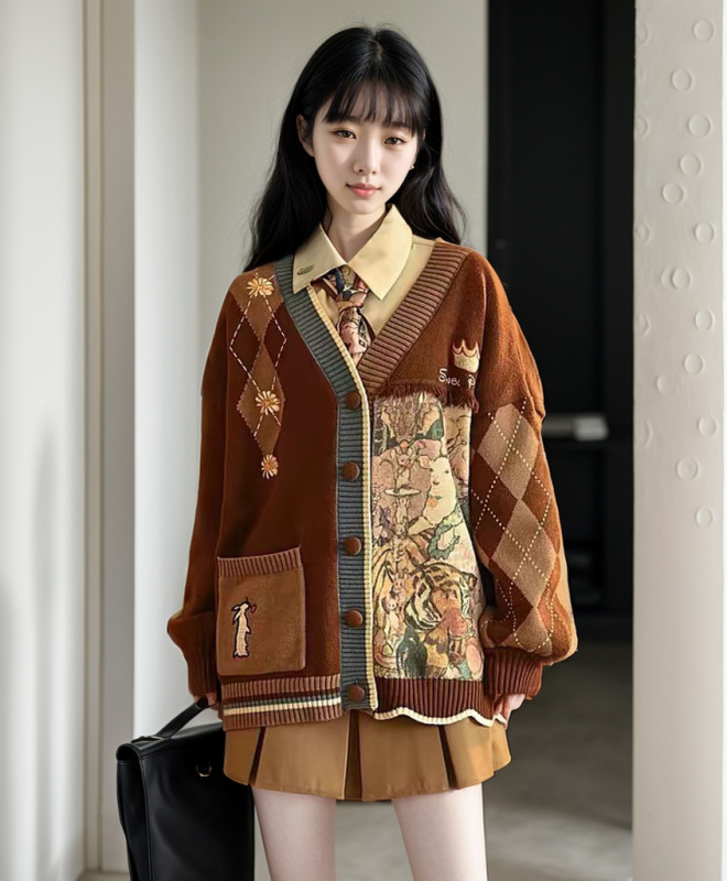 春秋新款甜美清新印花开衫毛衣女美拉德棕色V领针织外套宽松显瘦|undefined