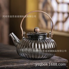 條紋透黑玻璃花茶泡茶壺電陶爐加熱燒水煮茶壺木把如意南瓜提梁壺