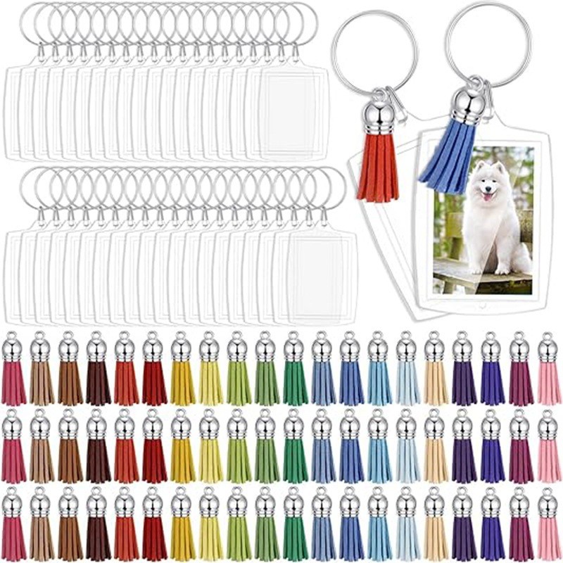 100 Piezas de Marcos de Fotos Acrílicos en Blanco con Borla de Colores, Unidad Personalizable para Insertar Fotos, Llavero, Juego de Joyería