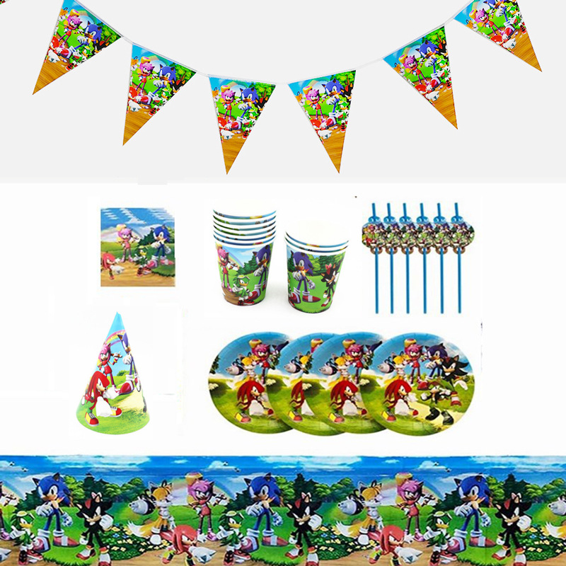 Sonic Hedgehog partido decoración suministros Sonic mantel Sonic cumpleaños traje bandera pastel Tarjeta de inserción