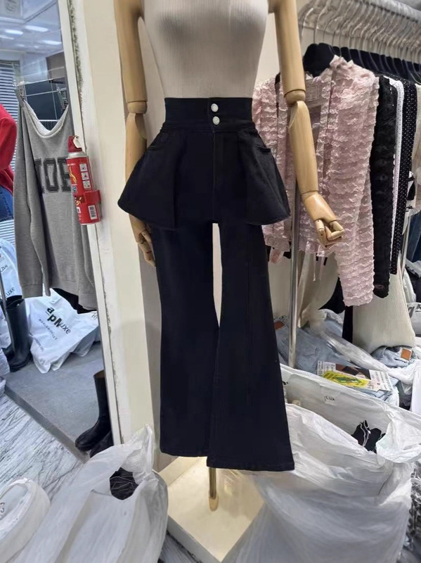 梵思羽2025秋新款假两件叠穿屁帘微喇牛仔裤女高腰显瘦弹力马蹄裤|undefined