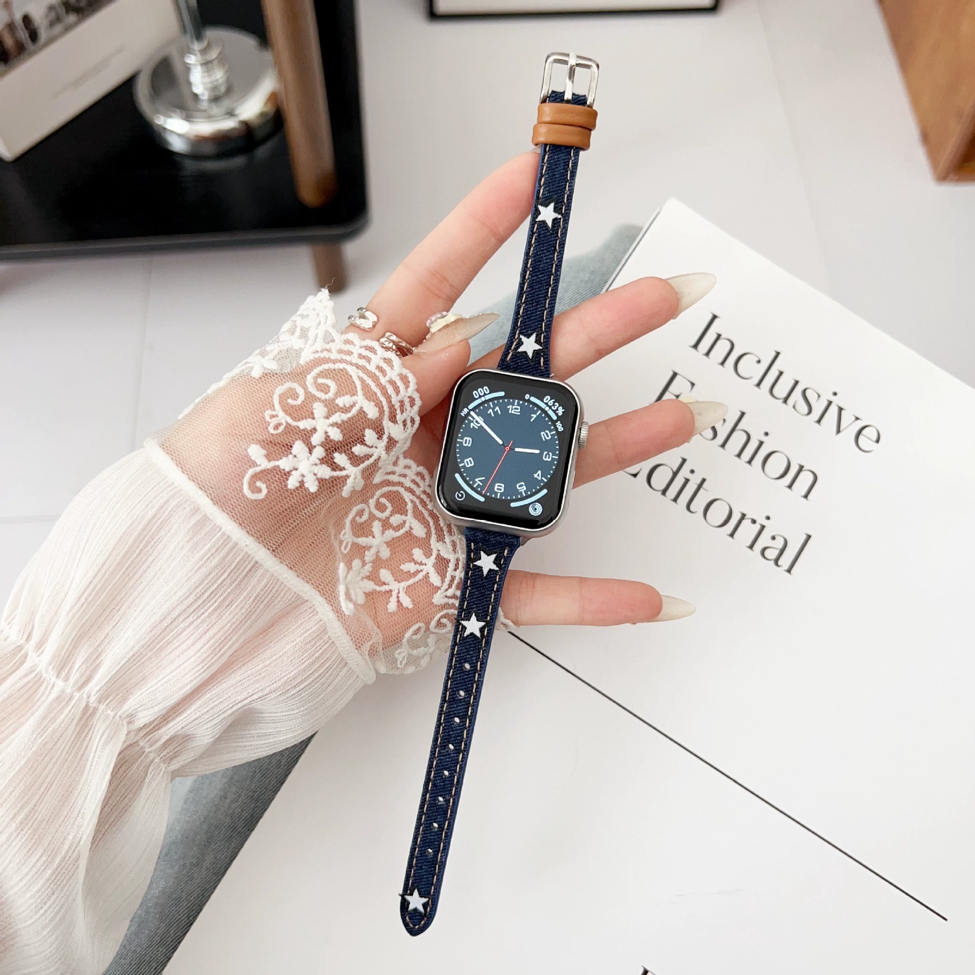 Ретро джинсовый ремешок со звездой, тонкая модель, подходит для iWatch 9, ремешок S8, Apple Watch applewatch765432se