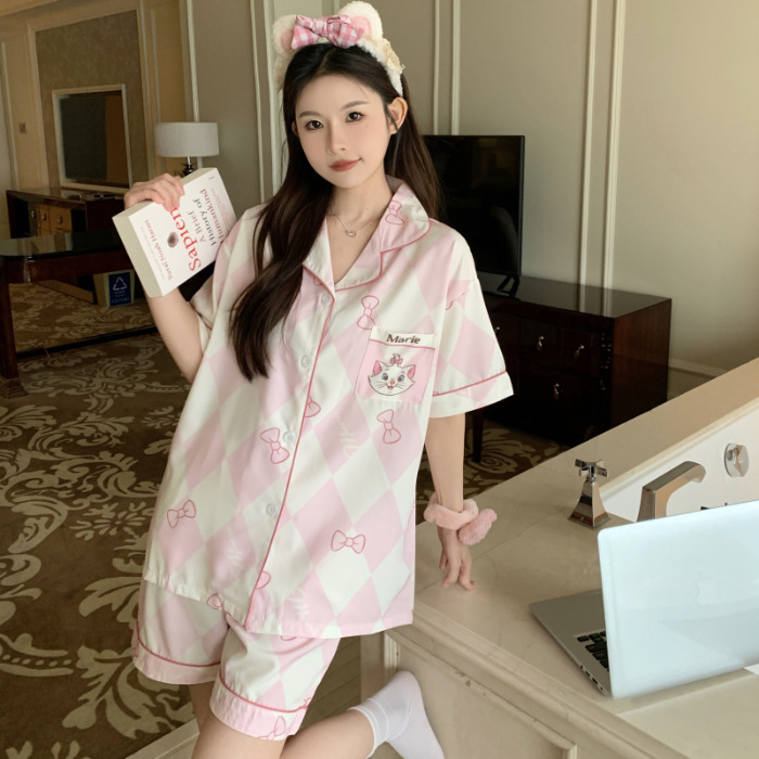 Pijamas de algodón de verano, chicas dulces estudiantes, cardigan de manga corta, pantalones cortos de dibujos animados, ropa para el hogar se puede usar fuera