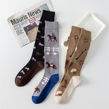 秋冬新款及膝小腿袜子女卡通骏马撞色复古ins潮趣味透气长袜跨境
